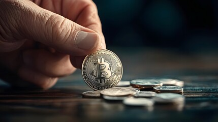 Poster - close up view of a person s hand holding a single bitcoin cryptocurrency coin surrounded by other sc