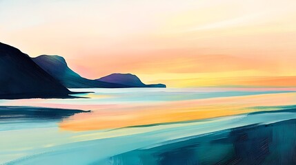 Wall Mural - Coastal Sunset with Calm Sea, and Hills.