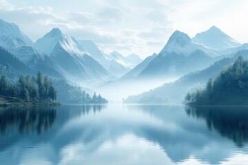 Poster - Breathtaking view of misty mountains reflecting on a serene lake, creating a tranquil atmosphere for nature lovers.