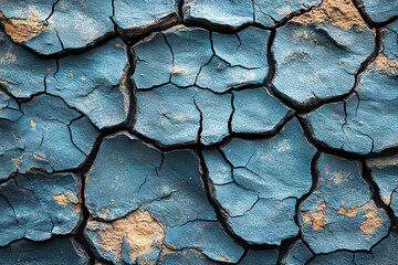 Poster - Close-up of a cracked blue paint surface, showcasing texture and color variations in an environmental context.