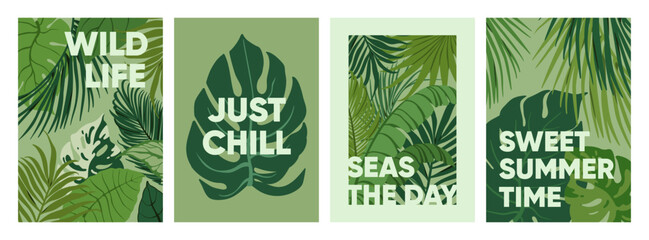 Poster - Tropical leaf posters set, green design. Exotic greenery, jungle foliage, botanical summer cards. Fresh organic leaves, vertical nature backgrounds. Leafy postcards. Flat vector illustration