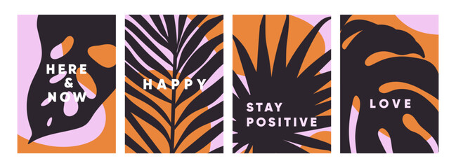 Fototapete - Tropical leaf poster designs set. Summer paradise cards with exotic palm and monstera leaves silhouettes. Organic nature, holiday and vacation postcards collection. Flat vector illustration