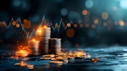 Poster - Stacks of coins reflecting in a dark glossy surface symbolizing financial growth investment and economic prosperity