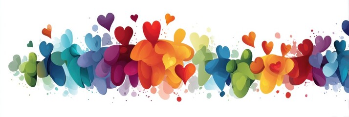 Poster - Colorful Hug Icon Design Created With Abstract Human Shapes and Vibrant Hearts Celebrating Love, Connection, and Joy