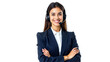 © EliteStockPhotos - Professional happy woman in headset and business suit, arms crossed, isolated on transparent background for call center, customer service, telemarketing, or consulting career concepts.
