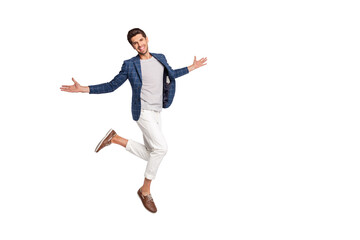 Poster - Full length body size view of his he nice attractive cheerful cheery content director wearing checked blazer jumping enjoying leisure freedom success isolated over light white pastel background