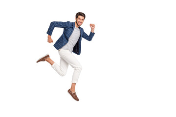 Poster - Full length body size view of nice attractive luxurious cheerful cheery glad funny businessman wearing checked blazer jumping running fast movement motion isolated over light white pastel background