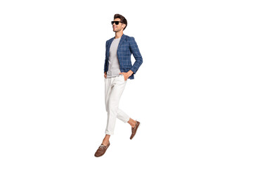 Poster - Full length body size view of his he nice attractive lovely cheerful cheery business tourist wearing checked blazer jumping strolling going vacation isolated over light white pastel background