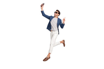 Poster - Full length body size view of nice attractive cheerful cheery business tourist wearing checked blazer jumping taking making selfie showing v-sign isolated over light white pastel background