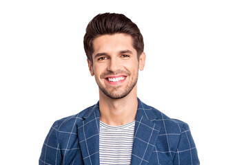 Poster - Portrait of charming man youth smile wear blue plaid jacket blazer isolated over white background
