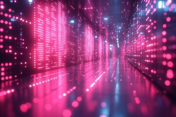Poster - Vibrant digital corridor illuminated by neon lights, showcasing advanced technology and futuristic ambiance.