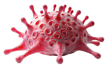 Poster - 3D model of a virus with vibrant red color and spiky protrusions on a white isolated background.