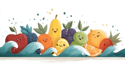 Poster - Vibrant Gut Health Representation Featuring Cheerful Fruits and Soothing Waves for a Balanced Lifestyle