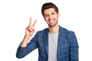 Poster - Portrait of charming man make v-signs wear modern plaid blazer jacket isolated over white background