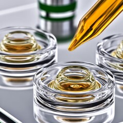 Poster - Golden Liquid Dropping into Vials for Scientific Research, Pharmaceutical Development, and Laboratory Testing.