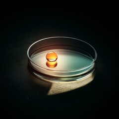 Poster - Illuminated Golden Drop: A Moment Frozen in a Petri Dish, Science and Art Intertwined on a Dark Background.