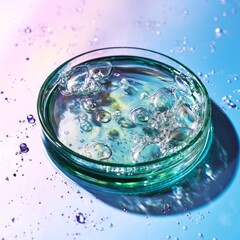Poster - Petri Dish with Bubbles: A Scientific Glimpse into Cellular Research and Laboratory Processes Under Dreamy Pink and Blue Light