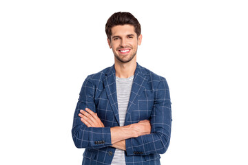 Poster - Portrait of charming guy cross his hands wear checkered blue outfit blazer jacket isolated over white background