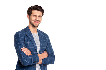 Poster - Turned photo of imposing youth cross his hands wear plaid outfit blazer jacket isolated over white background