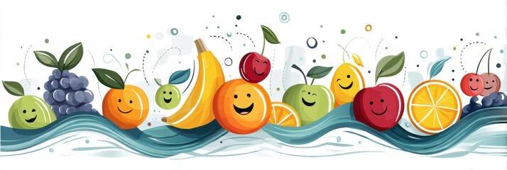 Poster - Healthy Gut Icon Created With Smiling Fruits and Calm Waves Promoting Wellness and Happiness in a Colorful, Vibrant Design