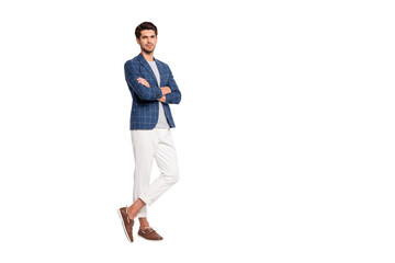 Poster - Full body turned photo of gorgeous man cross his hands stand wear blue plaid blazer jacket pants trousers isolated over white background