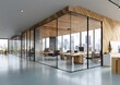 © car - Modern open office interior with glass walls, wood panel accents, and city view in the background. 3D Rendering