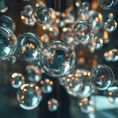 Poster - Suspended Reflections: A captivating array of clear, spherical glass orbs suspended delicately, creating a mesmerizing dance of light and reflections.