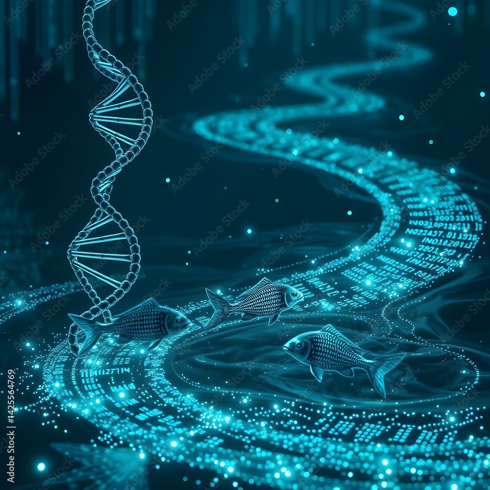 Ilustração double helix DNA strand dissolving into a flowing river of ...