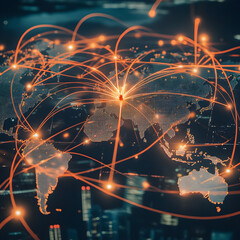 Poster - Global Network: Illuminated orange lines weave across a world map, symbolizing seamless digital communication and interconnectedness, set against a backdrop of a city lights.