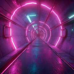 Poster - Neon Tunnel: A mesmerizing perspective of a tunnel awash in vibrant neon lights. The interplay of light and reflection creates a futuristic and captivating atmosphere.