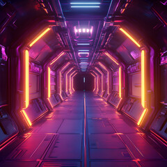 Poster - Neon Corridor: A captivating futuristic corridor bathed in vibrant neon lights, exuding a sense of mystery and technological marvel.
