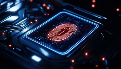 Poster - Futuristic microchip displaying a vibrant fingerprint pattern in neon hues.