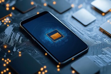 Poster - Smartphone with SIM card symbol on a futuristic circuit board background.