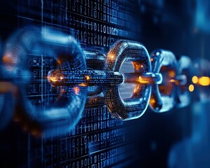 Poster - Close-up of a digital chain link representing blockchain technology in vibrant colors.