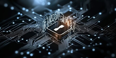 Fototapete - Close-up of a futuristic microchip surrounded by intricate circuit patterns.