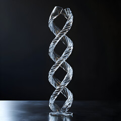 Poster - DNA-Inspired Elegance: A stunningly detailed, transparent glass sculpture, reminiscent of a DNA strand, stands tall against a dark, reflective background. This piece embodies artistic form.