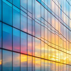Poster - Skyscrapers' Windowed Facade Capturing Sunset's Brilliance: A stunning, photorealistic capture of a skyscraper's reflective glass facade during a mesmerizing sunset.
