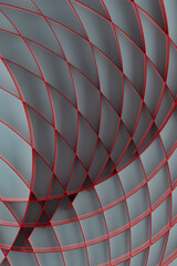 Poster - futuristic abstract background, pattern - thin red curved lines, grid on light blue color. 3d render