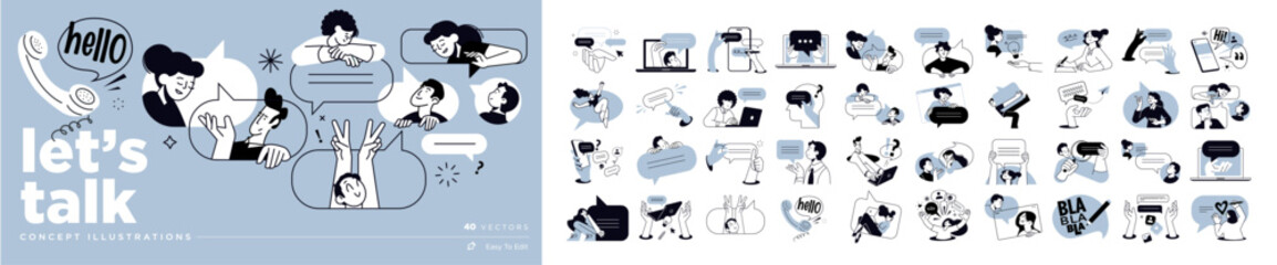 Fototapete - Lets talk. Set of people vector illustrations in various activities of online communication, social media, networking, support, community, chatting, app and services, rating and review, conversation.