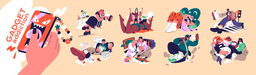 Poster - Concept set of gadget addiction. People are dependence from social networks, doomscrolling. Characters surfing the Internet in phone, smartphone. Flat isolated vector illustrations on white background