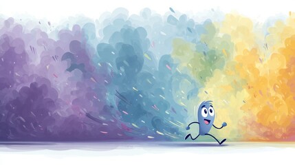 Poster - Joyful Heart Character Joyfully Running Through Vibrant Colored Mist in a Whimsical Landscape
