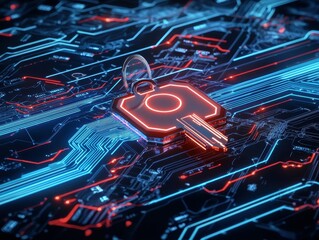 Poster - Futuristic digital key against a glowing circuit board backdrop, symbolizing security.