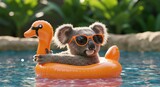 A cool koala relaxing on a swan floatie in a pool, wearing sunglasses