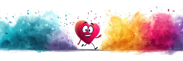 Poster - Joyful Heart Character Running Through Vibrant Colored Mist in a Whimsical Landscape