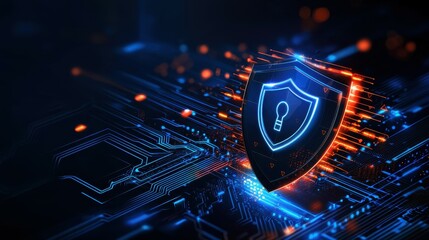 Poster - Futuristic digital shield representing cybersecurity and data protection.