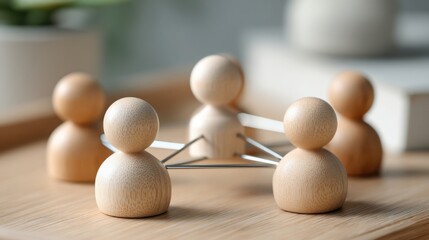Poster - Group of wooden people representing entrepreneur network and peer-based business concept in eco-friendly environment