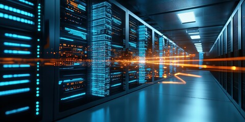 Poster - Futuristic data center with glowing servers and digital light effects.
