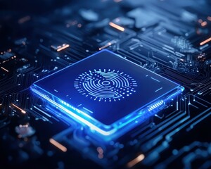 Poster - Close-up of a futuristic microchip on a circuit board with blue glowing patterns.