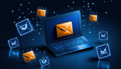 Fototapete - Digital communication concept with glowing email icons around a laptop.
