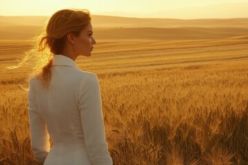 Leinwandbilder - Woman in white shirt contemplates a golden wheat field at sunset, peaceful and serene.